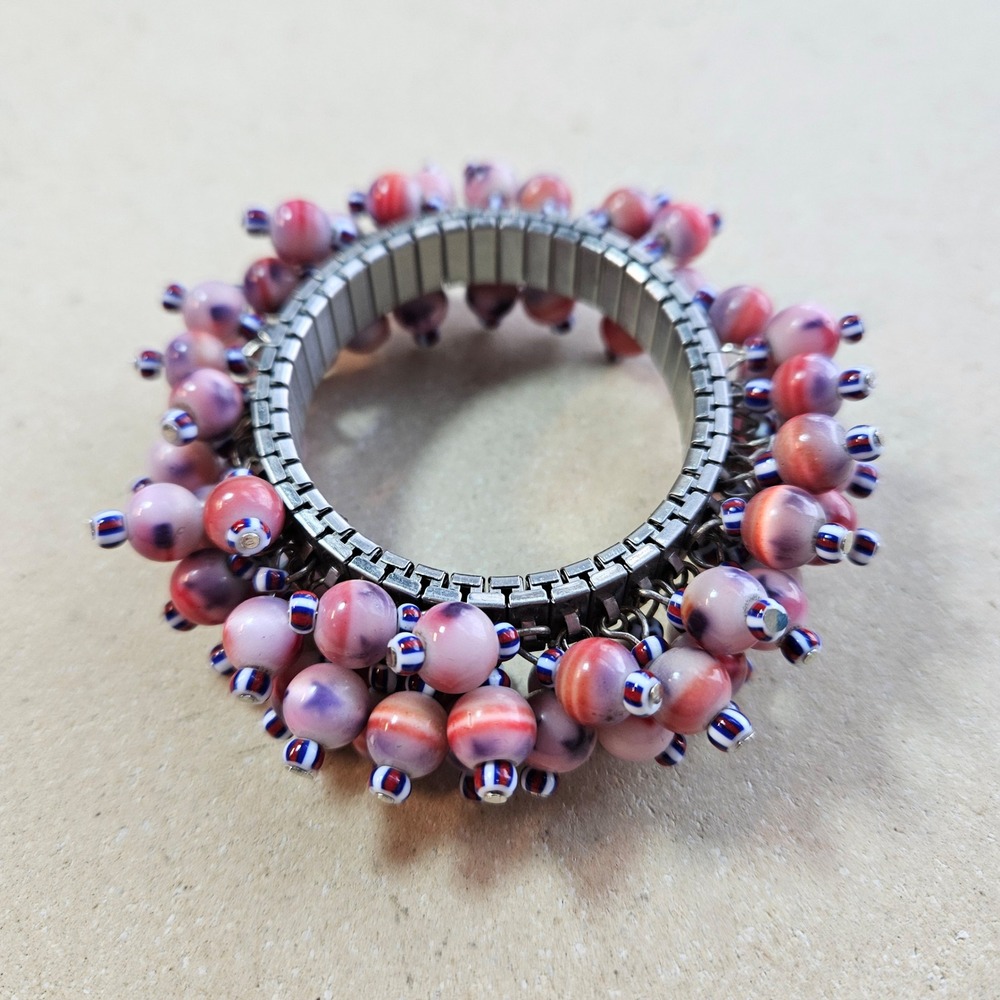 Vtg 90s Cha Cha Shag Pink Red Marbled Glass Bead Stretch Expansion Bracelet